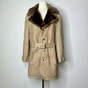 Vintage Suede Leather Belted Fur Lined Coat Jacket Tan Long